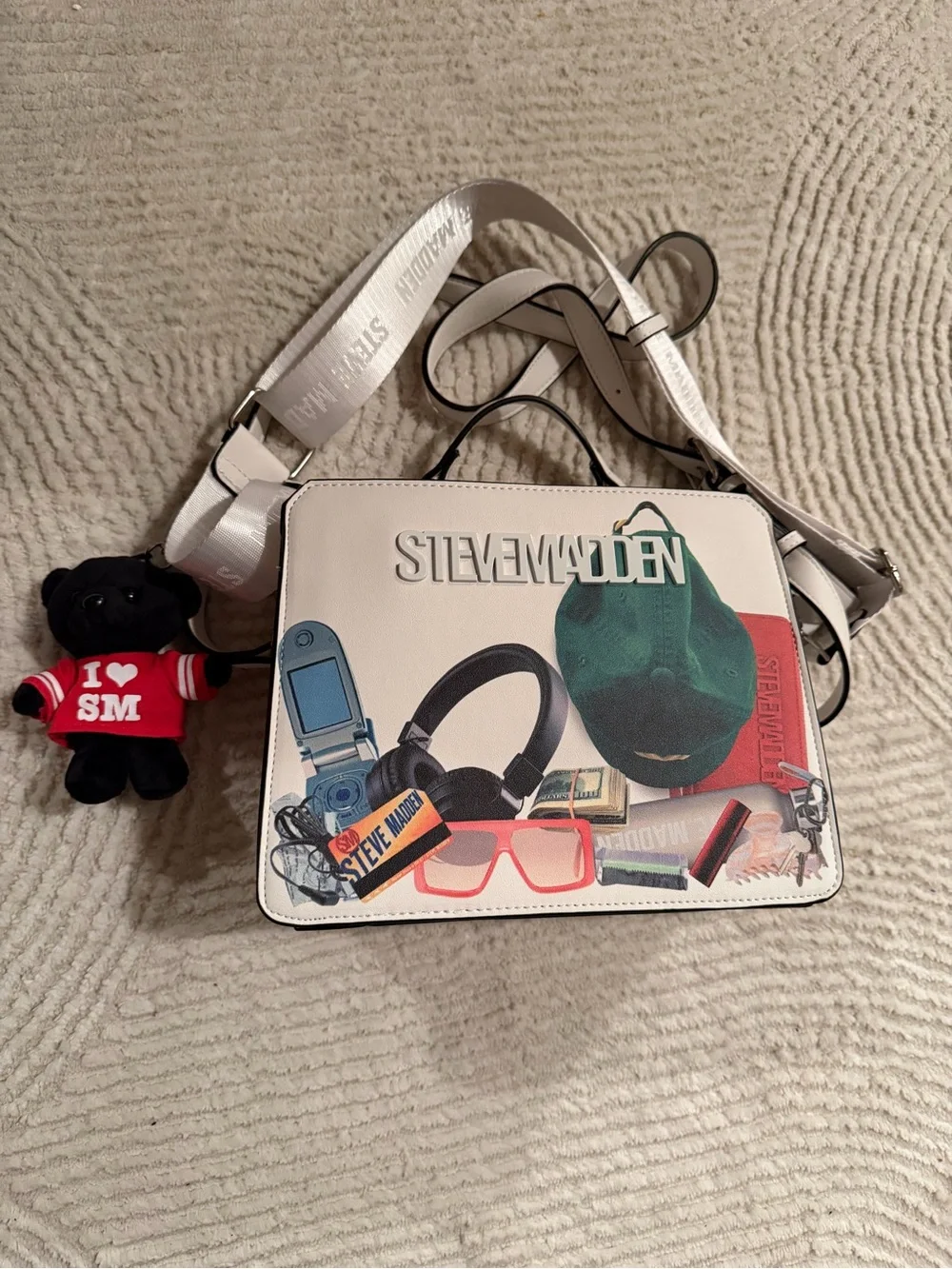 Steve Madden White Kids Graphic Crossbody Bag with Red Accent